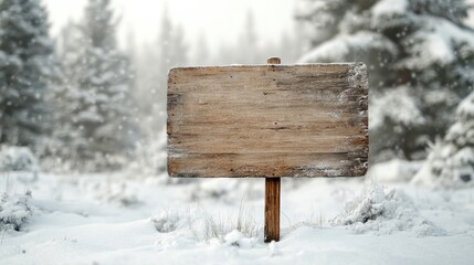 Naklejka premium Blank wooden sign with a rough, natural texture, standing in a snowy landscape, with snow-covered trees in the background