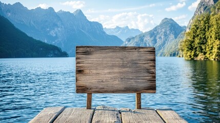 Blank wooden sign with a rough texture, standing on a dock by a lake, with mountains in the background