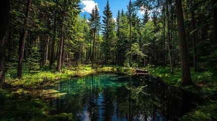 Secluded Forest Glade with a Crystal-Clear Pond Surrounded by Towering Trees and Thick Underbrush. AI generated illustration