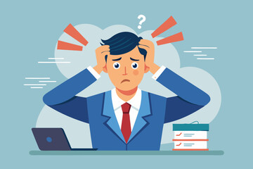 Stress or deadline at work. A business man clutched his head in panic. The bad news. Vector illustration

