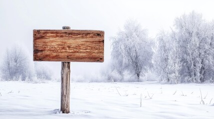 Fototapeta premium Blank wooden sign with rough edges standing in a snow-covered landscape, surrounded by frosty trees