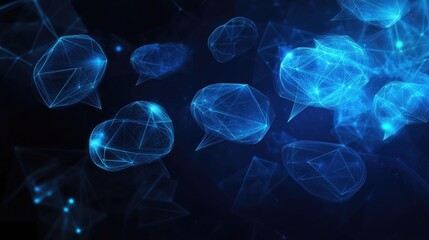 Abstract dark blue banner with glowing speech bubbles and polygonal design elements. Suitable for virtual networking, e-commerce, and communication concepts with ample text space.
