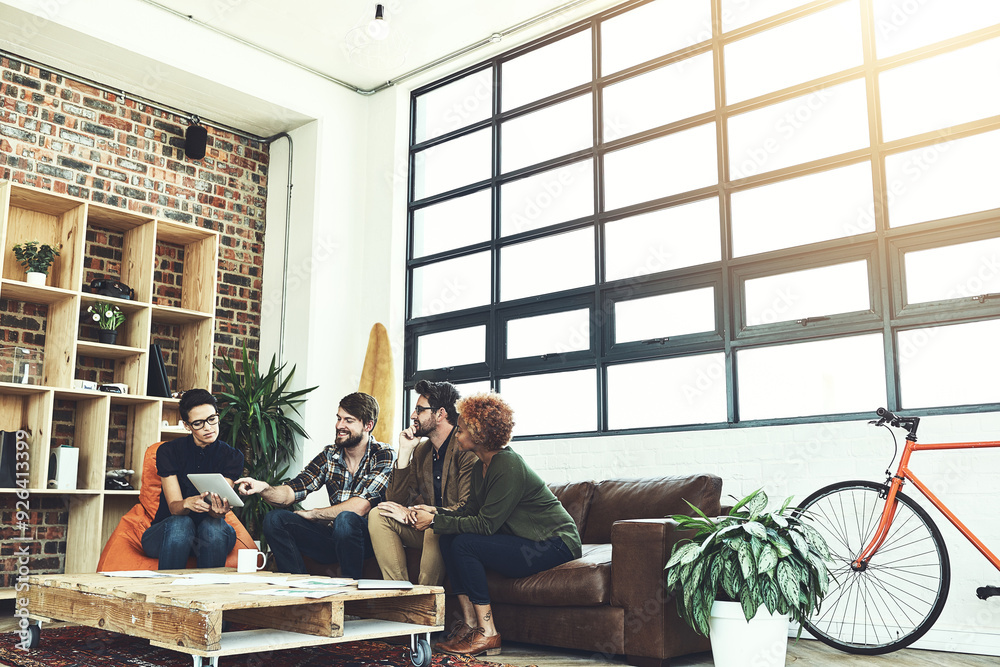 Poster business people, meeting and discussion with tablet in office for project research, plan or support.