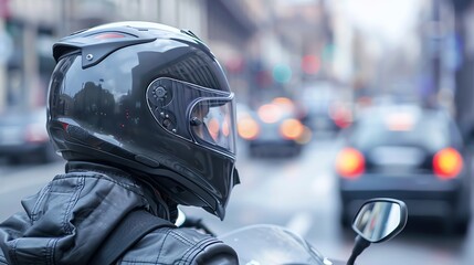 Fototapeta premium A motorcyclist in a black helmet and jacket, looking ahead while stopped in city traffic.