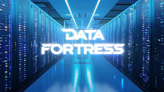 A modern data center with rows of server racks illuminated by blue lights and the words Data Fortress superimposed, representing robust data security and digital infrastructure