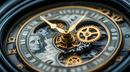 Close-up of a clock featuring intricate golden gears and a U.S. dollar bill design, symbolizing the connection between time and money in financial planning.