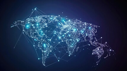 Abstract global business map with interconnected data points and network lines. The vector illustration depicts telecommunication connections across continents.