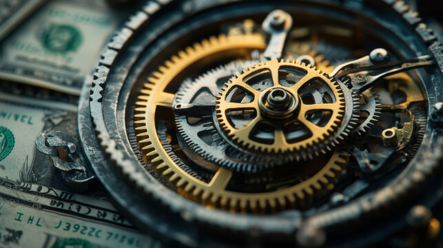 A detailed close-up of intricate clock gears placed over U.S. dollar bills, symbolizing the connection between time, money, and financial mechanisms.