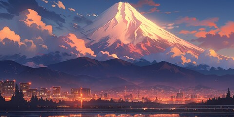 Enchanting  Urban Panorama of Mount Fuji: A Mesmerizing Anime-Style Depiction of the Iconic Mountain from a Cityscape in 4K, book illustrations and picture books