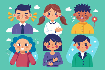 Set of characters experiencing different pain. Headache, toothache, menstrual pain
