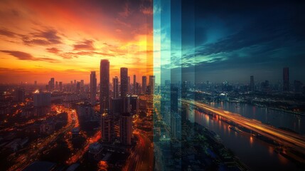 A breathtaking view of a city transitioning from sunset to twilight, with lights reflecting on the river