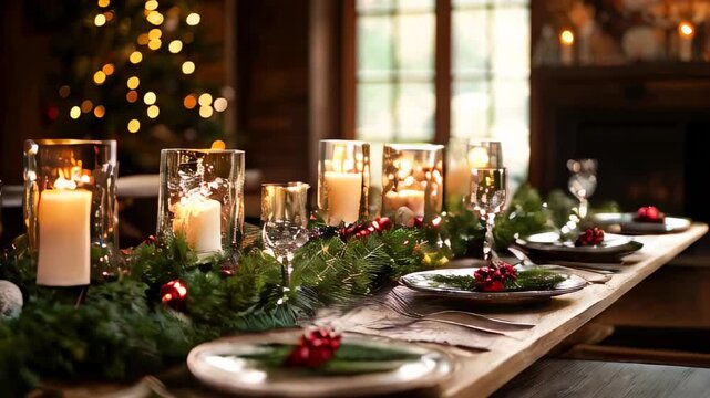 Elegant Christmas table setting with candles, garland, and festive decor, perfect for a cozy holiday dinner.