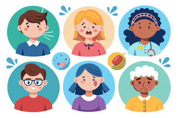 Set of characters experiencing different pain. Headache, toothache, menstrual pain
