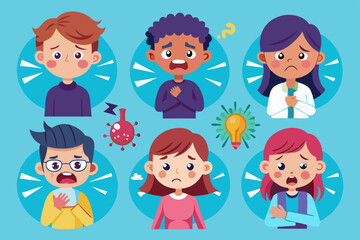 Set of characters experiencing different pain. Headache, toothache, menstrual pain
