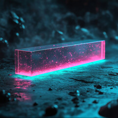 A transparent neon block glows with cosmic particles inside, placed on a dark ground, creating a futuristic and magical visual effect.