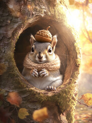 Obraz premium A charming squirrel peeks out from her cozy hollow, donning an acorn hat and wool scarf, as sunlight softly filters through the leaves.