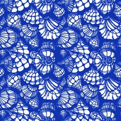 Azure blue white shell motif with linen seamless batik background, Modern coastal beach cottage rustic shell block print home decor pattern design in sealife beach style.