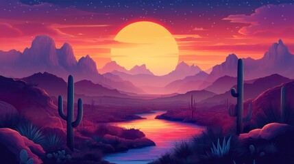 Fototapeta premium An Arizona desert landscape vector illustration with tall mountains in the background at sunset. Generative AI