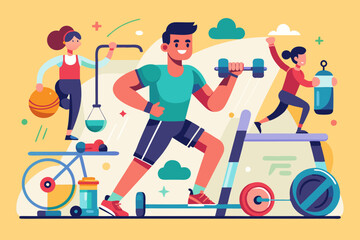 Set of sports character. The man in the gym is warming up and doing exercises on the simulators
