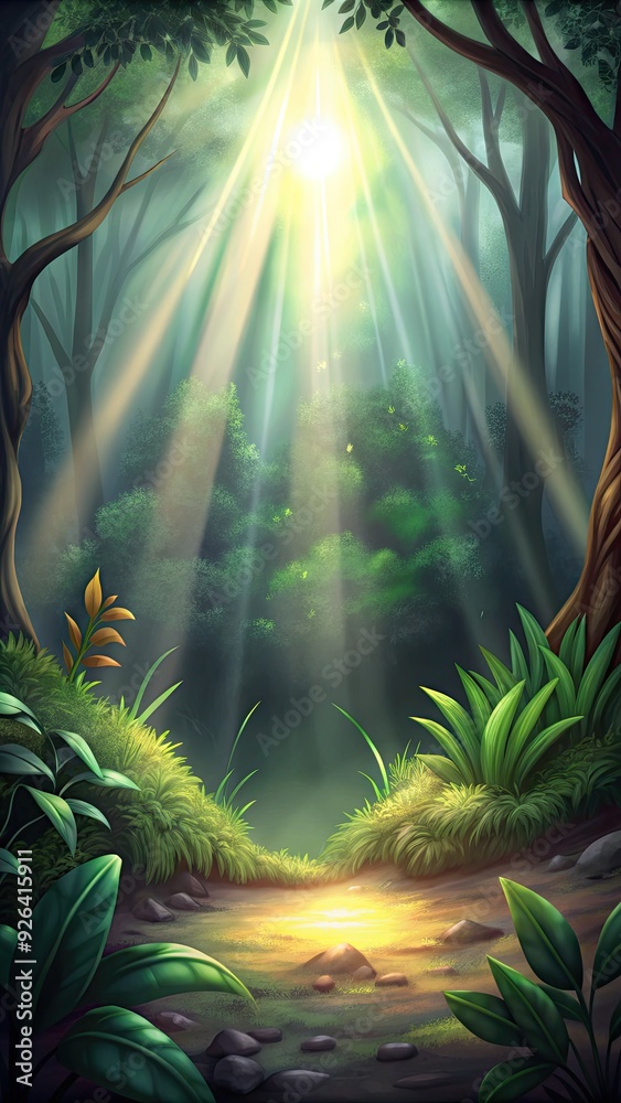 Poster Sunlight filtering through lush green forest foliage.