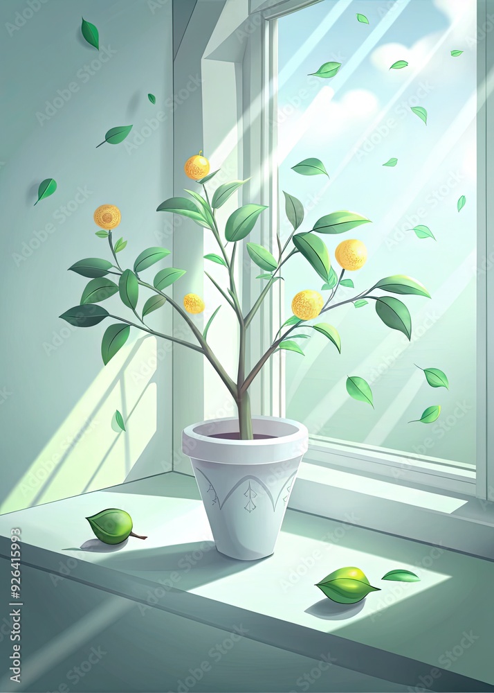 Sticker Lemon tree basking in sunlight by a bright window.