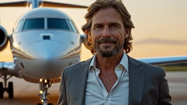 A businessman exiting his town vehicle and arriving at the airport 
