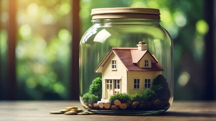 A tiny home with a jar representing the idea of saving money to purchase a home from the bank