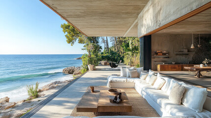 Fototapeta premium The vacation home is located next to the sea, with a beach with soft, fine sand. Generative AI