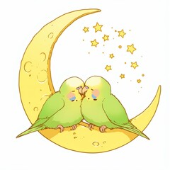 Adorable Moon and Parrot Sticker - Cute Parrot Holding Food Sitting on Crescent Moon with Thick Line Art - Perfect for Fun, Whimsical Designs and Children's Illustrations - High-Quality Stock Image