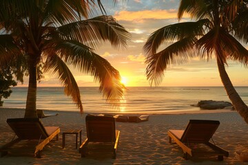 Caribbean island at sunset with a beautiful beach, palm trees swaying, and sun beds set up for relaxation under the warm, golden light.