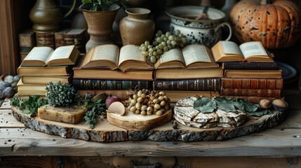a table with food and books