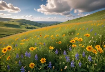 Fototapeta premium A grassy meadow with wildflowers in the foreground, surrounded by rolling green hills and a blue sky with fluffy white clouds