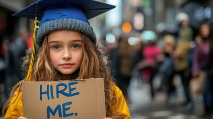 Female student wearing a graduation gown and cap, holding a cardboard sign reading "Hire Me" in a busy urban street, symbolizing the challenges of job hunting after graduation. Social Issues