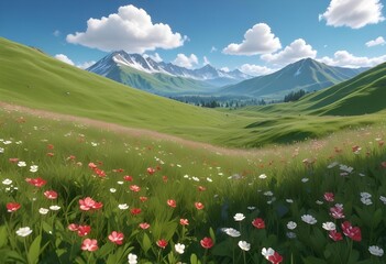 A grassy meadow with wildflowers in the foreground, surrounded by rolling green hills and a blue sky with fluffy white clouds