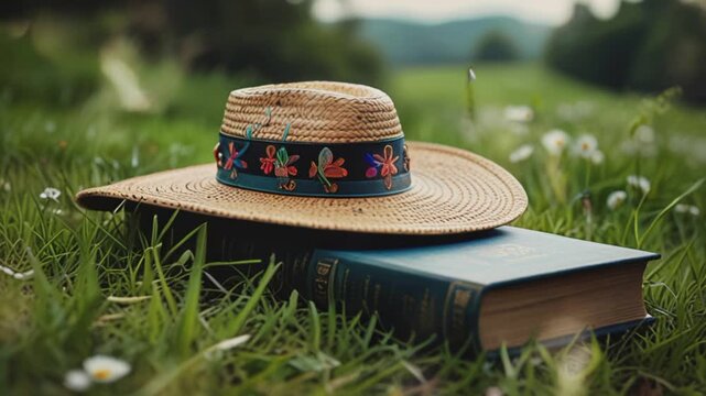 Ancient woven hat and book, Seamless 4K looping virtual video animation background