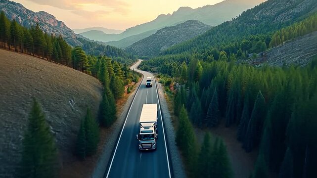 truck carrying cargo on the highway. driving over the highlands on an asphalt route while delivering freight. as viewed from above. scenery viewed from above. drone filming,
