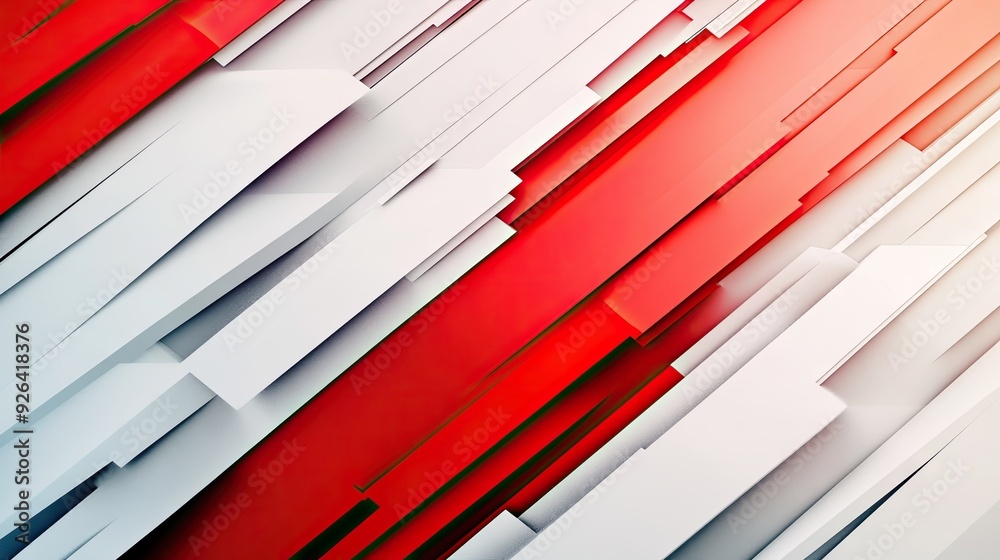 Poster bold and modern abstract design with red and white patterns, including sharp lines and smooth gradie
