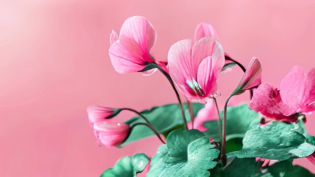 Delicate pink cyclamen flowers against a soft pink background, with water droplets on the petals.