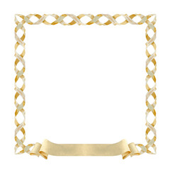 Vintage paper frame with ribbon banner for decorative texts. Watercolor illustration of a square frame isolated on a white background. Woven paper ornament with parchment texture in pastel beige color
