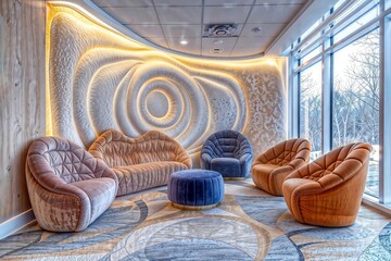 Obraz premium Futuristic Seating Area. Stylish lounge with backlit textured wall, curved velvet furniture, and winter landscape view through windows.