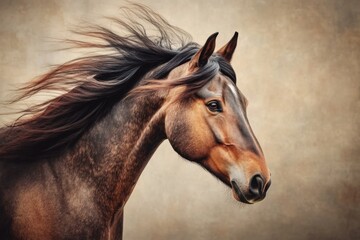 Elegant horse in a graceful pose with flowing mane against a softly toned background