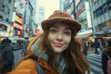 Young female tourist taking a selfie in the city center