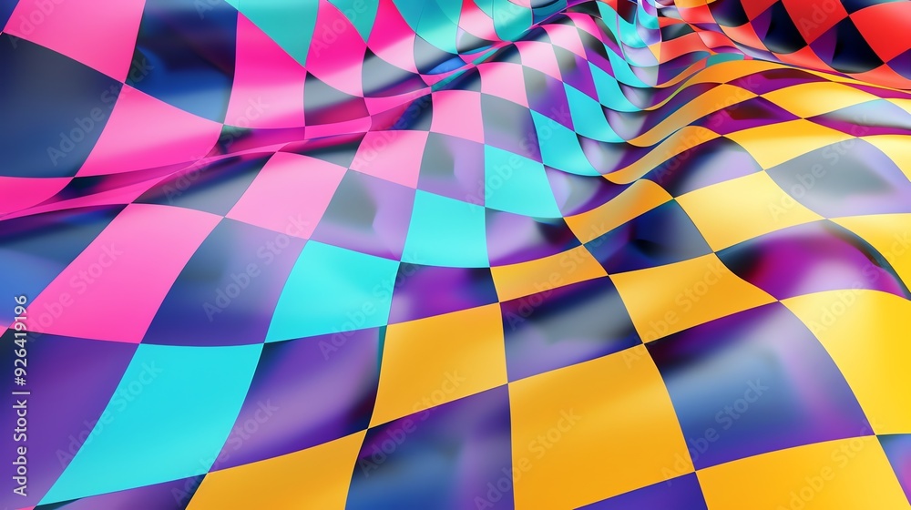 Wall mural A checkered pattern of squares in pink, blue, yellow, and purple, with a wavy, 3D effect.