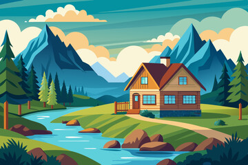 Cozy country house on the river bank against the backdrop of mountainous terrain. Picturesque landscape
