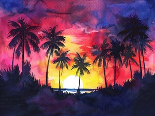 Sunset Serenity: Watercolor Palm Tree Silhouette Wallpaper