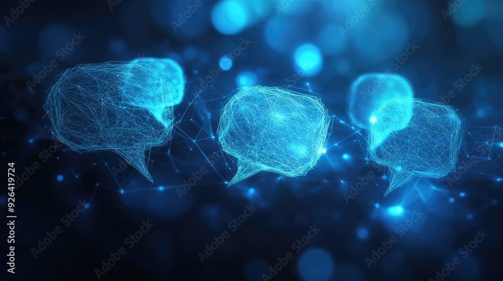 Poster communication concept on a dark blue polygonal background with glowing speech bubbles. ideal for e-c