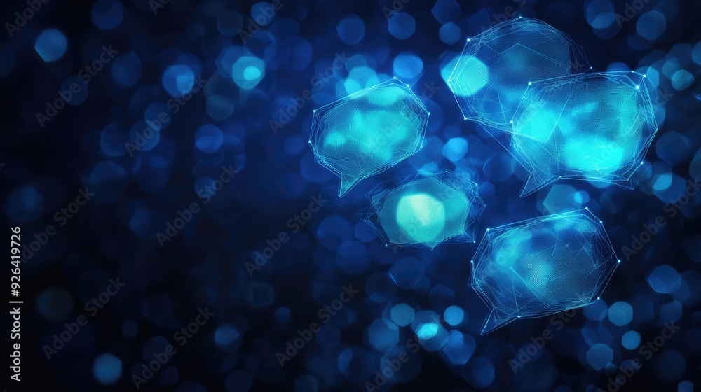 Poster communication concept on a dark blue polygonal background with glowing speech bubbles. ideal for e-c