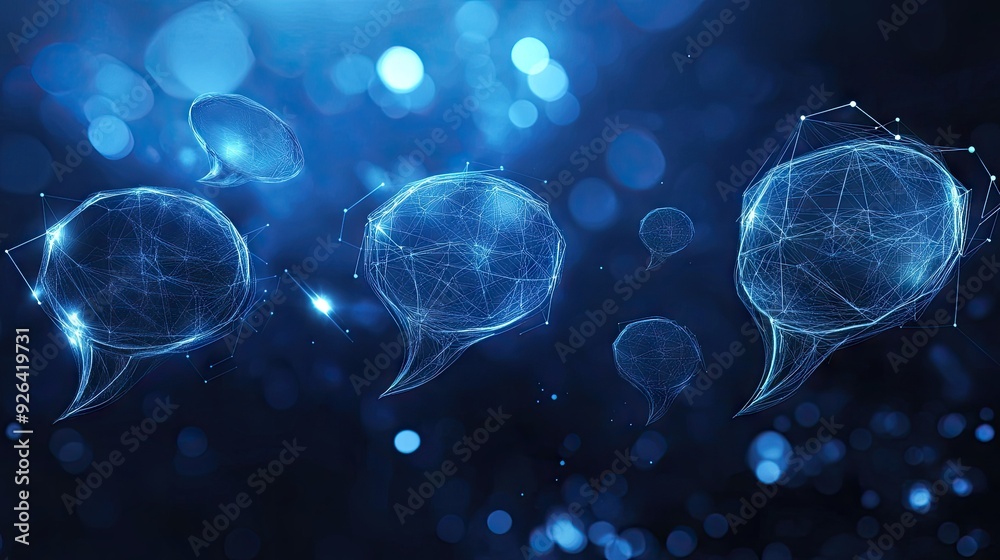 Poster communication concept on a dark blue polygonal background with glowing speech bubbles. ideal for e-c