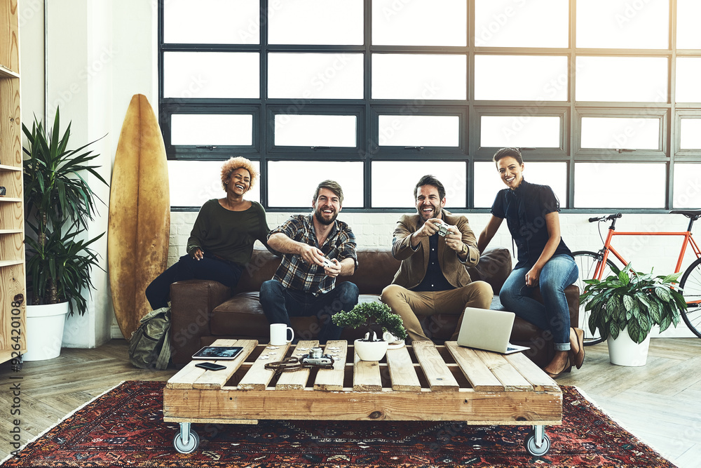 Poster Console, Happy and business people with video game in office for app development, ui and evaluation. Software, company and developer employees with tech for online platform, performance and testing