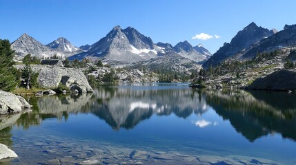 Fototapeta premium Tranquil Mountain Lake Surrounded by Tall Snow-Capped Peaks with a Glass-Like Surface Reflecting the Clear Sky and Rugged Landscape. AI generated illustration